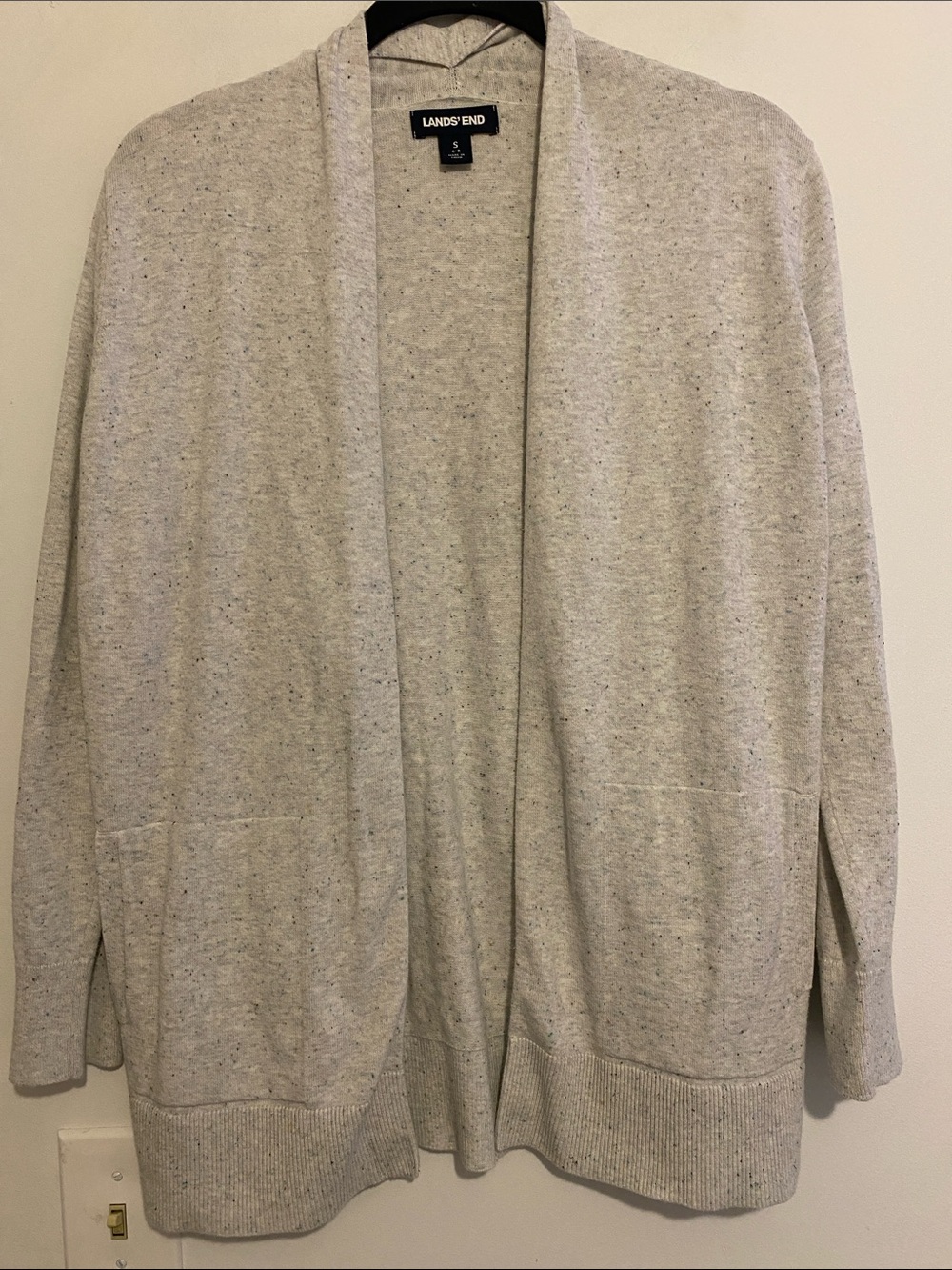 Lands' End Speckled Heathered Light Gray Open Cardigan with Pockets